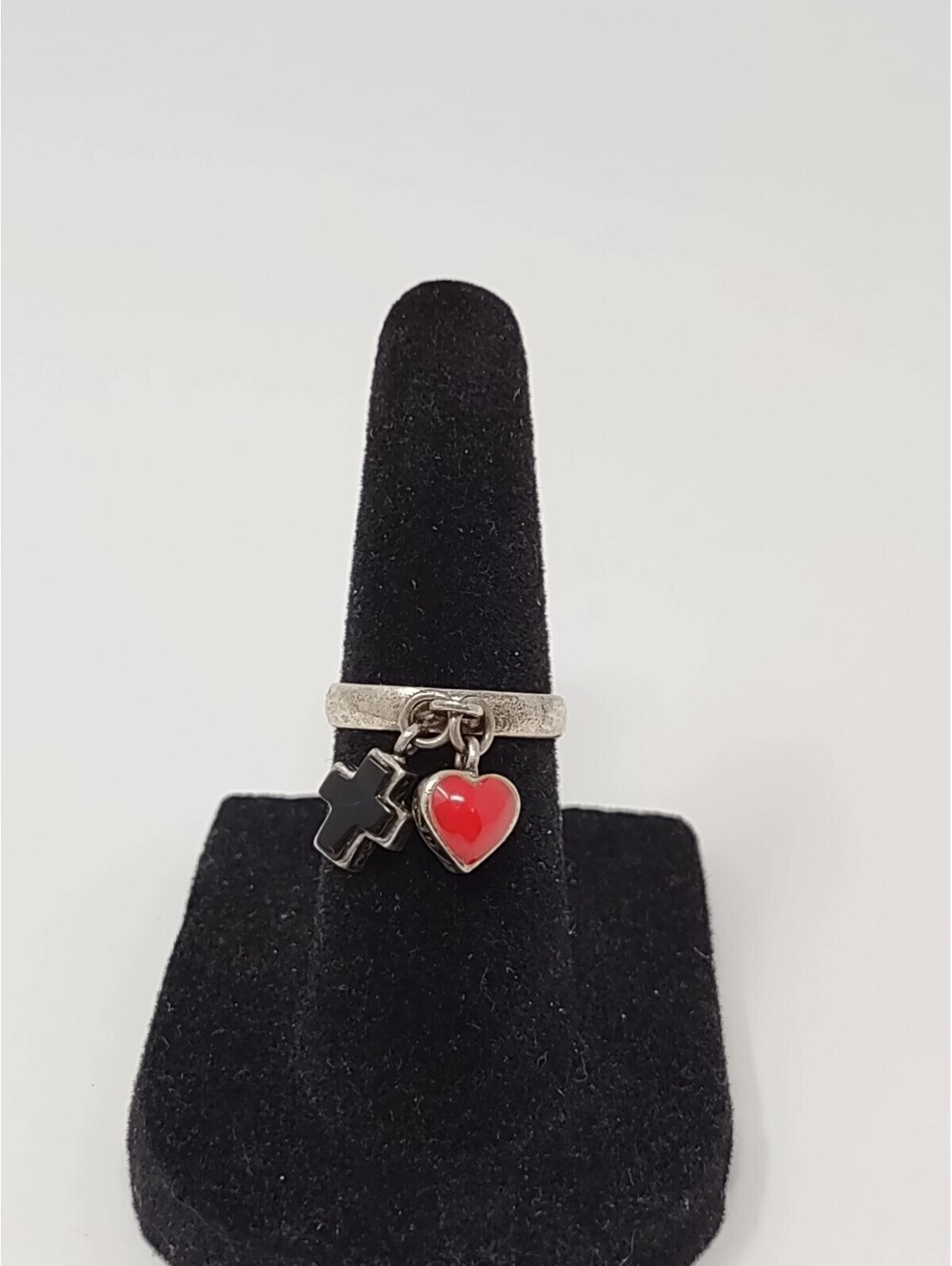 Sterling 925 Heart Cross Dangle Ring Red Black Inlay Sz 4.5